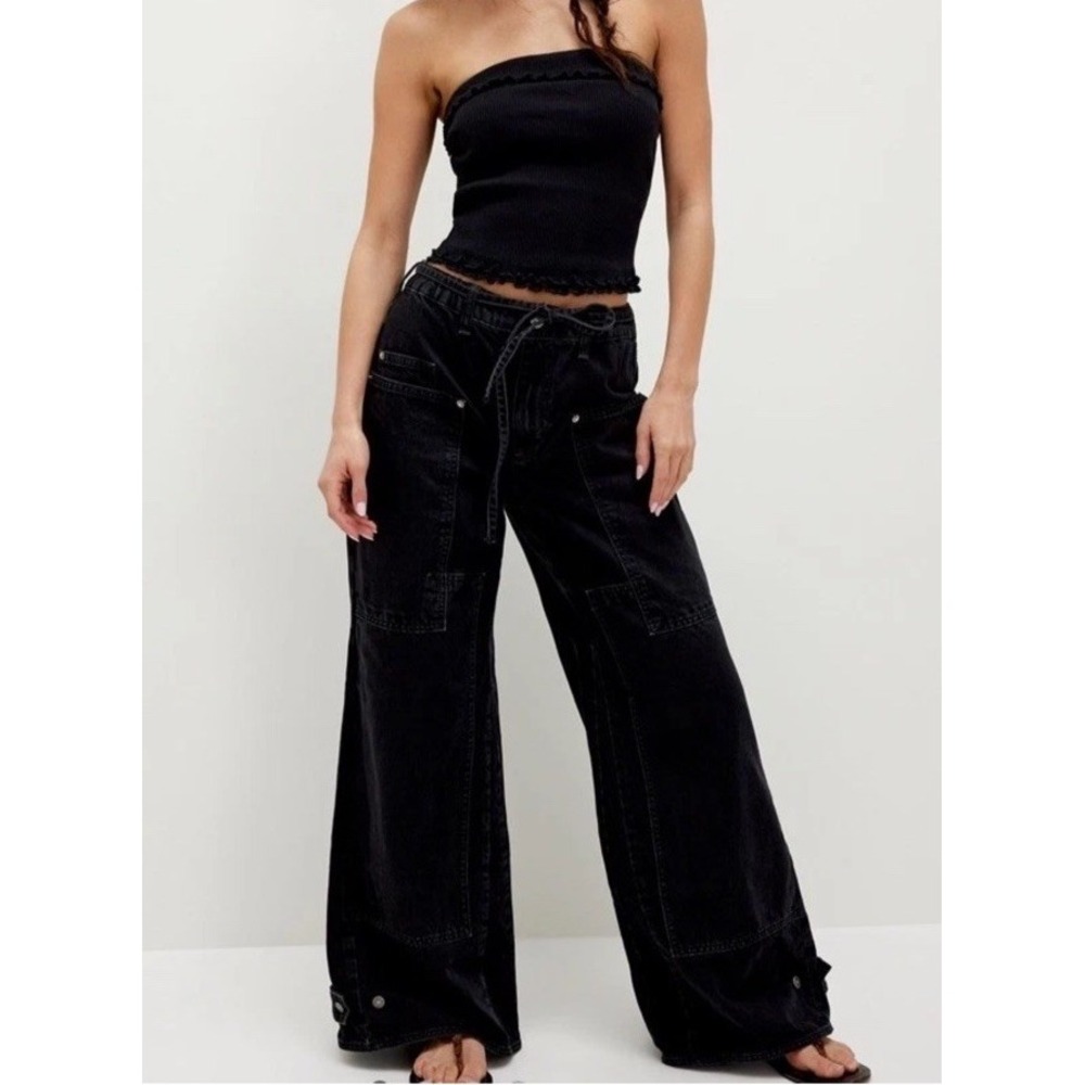 Free People CRVY Outlaw Wide Leg Jeans Utility Pockets Belt Black Oversized XS
